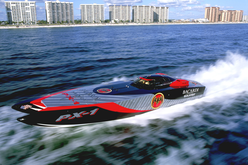 Bacardi Silver race boat powered by a Sterling Engines custom marine package